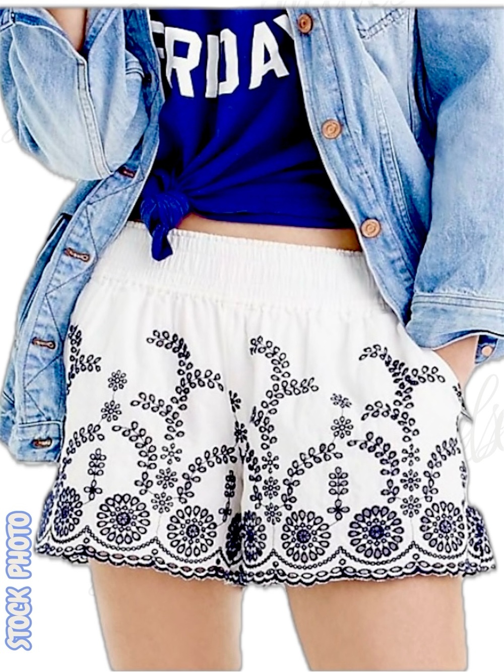 J.Crew JCREW White Navy Blue Floral Embroidered Pull-on Shorts XX-SMALL📌 #G5115